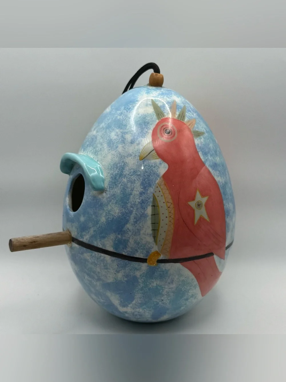 Nest Eggs Ceramic Birdhouse Hand Painted Whimsical Birds Blue Hanging Bird House